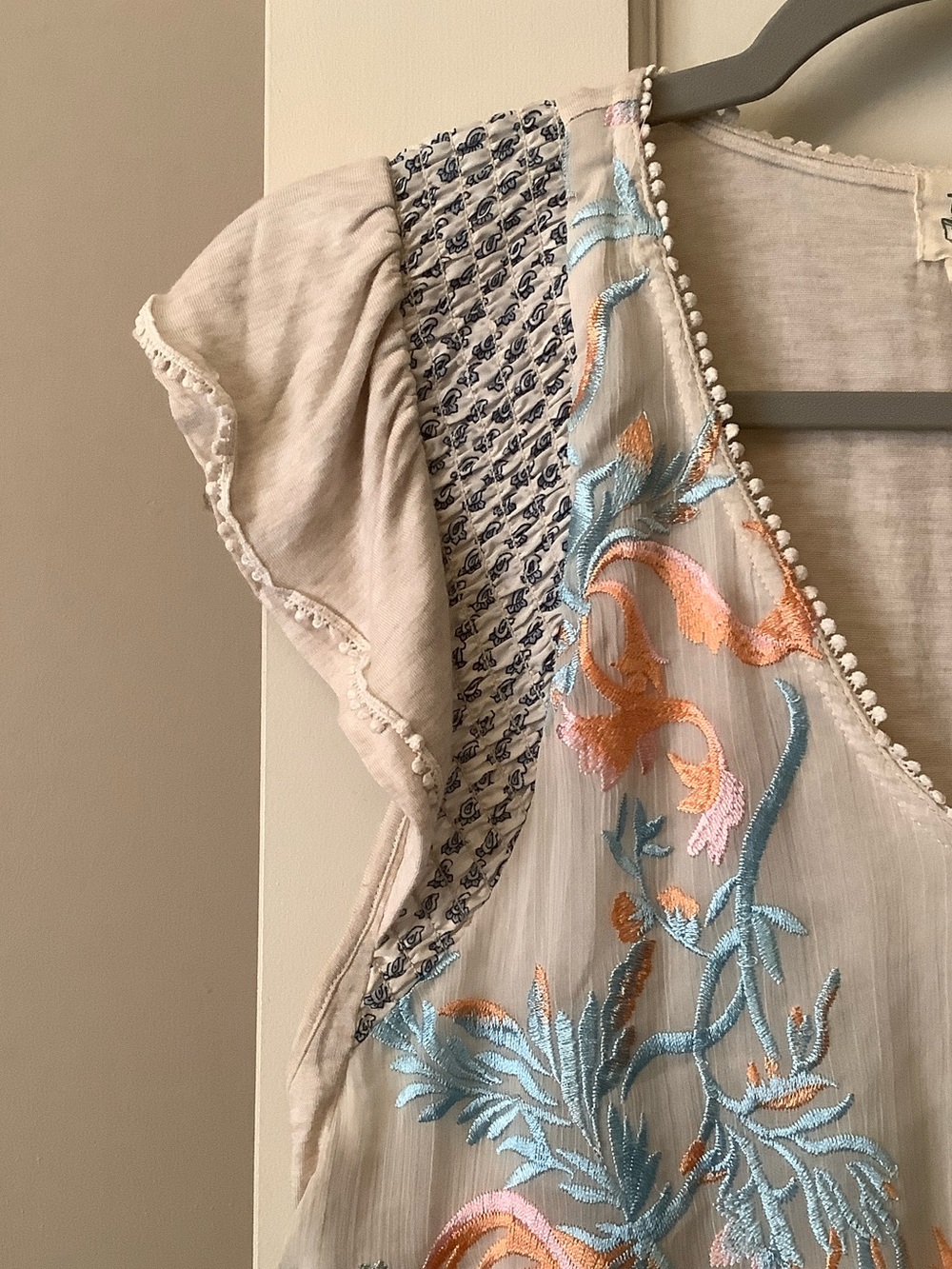 Anthropologie Floral Embroidered Flutter Sleeve Top - Picture 2 of 7